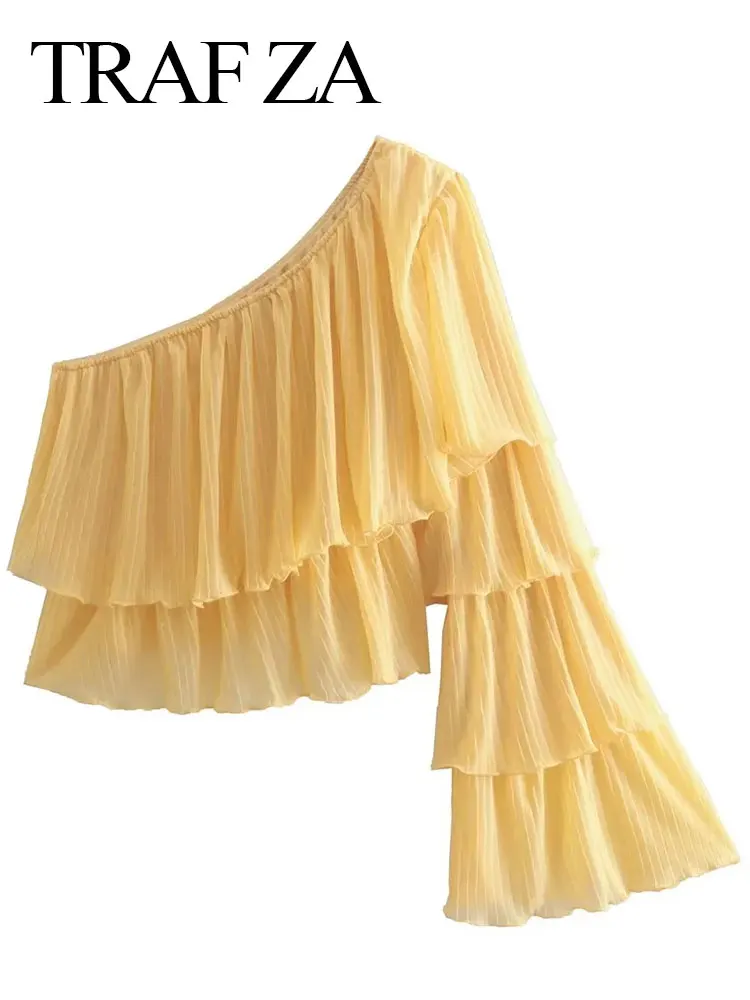 Женский топ на одно плечо с длинным рукавом, с оборками
Женский топ на одно плечо с длинным рукавом, с оборками