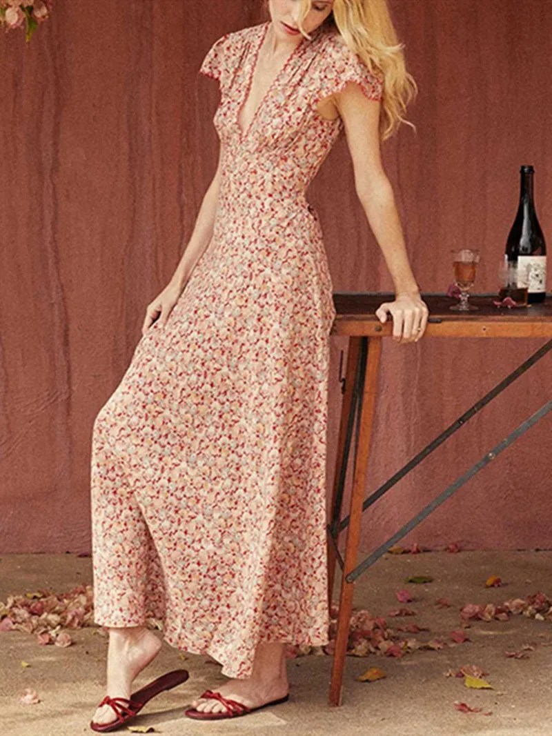 Vintage Floral Printing Women Elastic Waist Maxi Dress Short Sleeve Deep V fashion Female Lace-up Robes
Vintage Floral Printing Women Elastic Waist Maxi Dress Short Sleeve Deep V fashion Female Lace-up Robes
