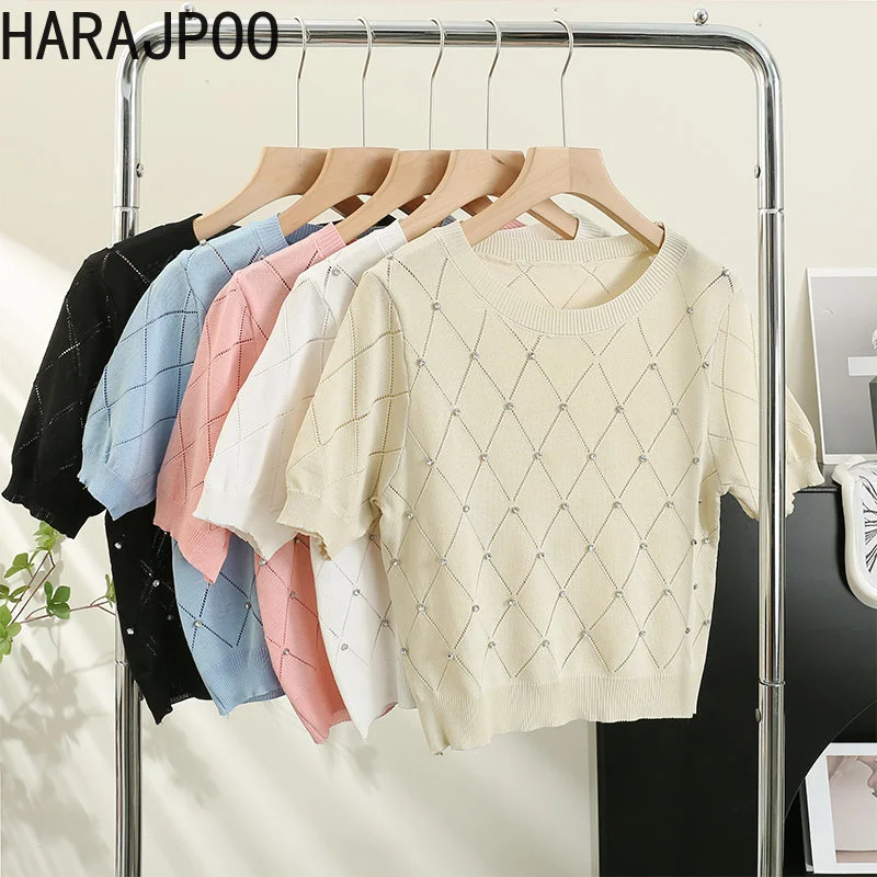 

Harajpoo Women Rhombus Openwork Beaded Top Spring Summer 2023 New Korean Style Slim Look Slim Chic Short-sleeved Knit Pullover