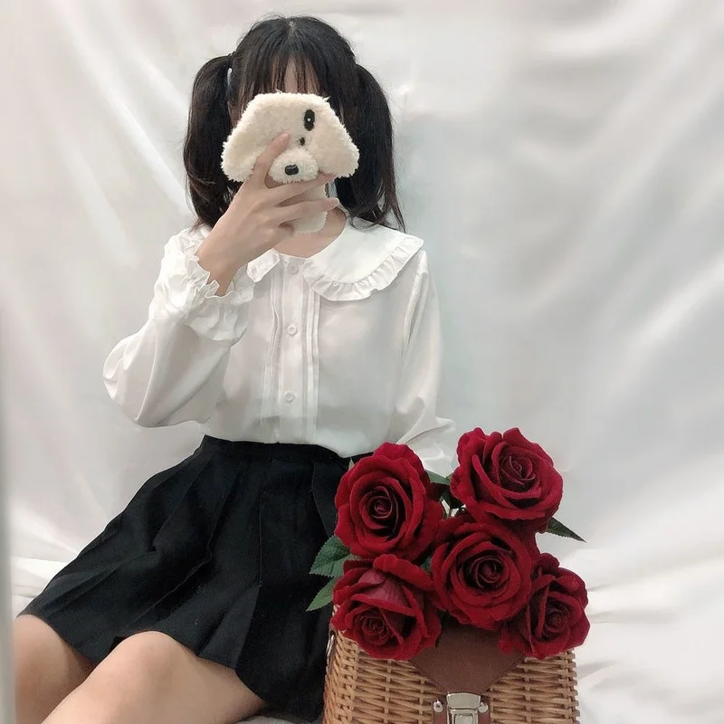 

SMVP White Shirt Women Kawaii Peter Pan Collar Blouses Button Up Long Sleeve Cute Ruffle Tops Lolita Style Mori Girl Aesthetic