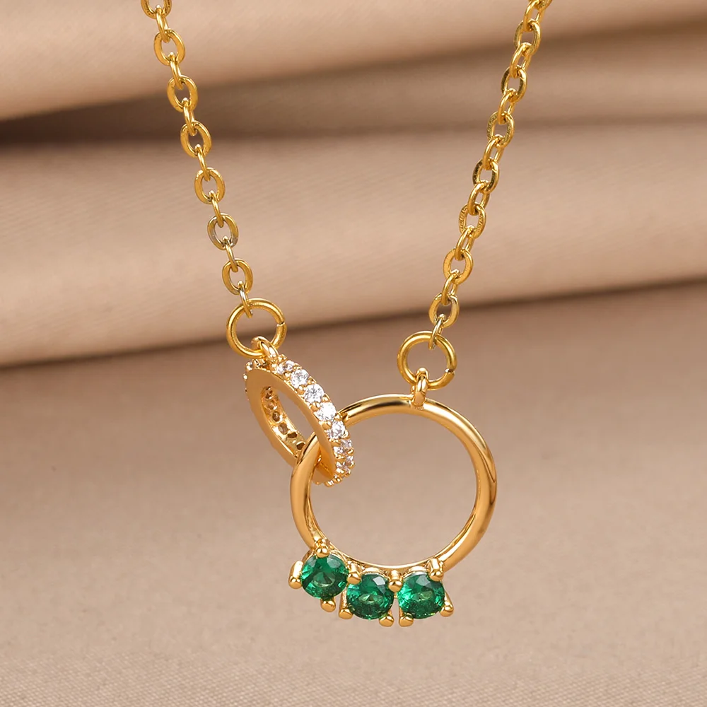 

New Steampunk Dainty Circle Choker Jewelry Minimalist Green Zircon Round Pendant Necklace For Women Gift Fashion Clavicle Chain