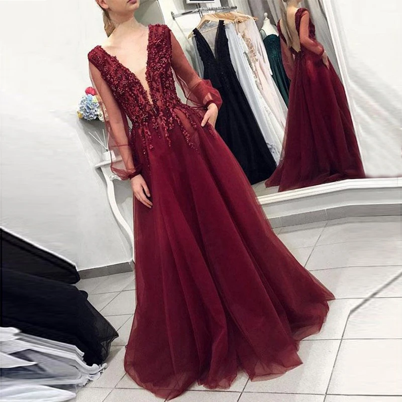 Gorgeous Long Sleeve Evening Dresses for Women 2022 Sexy V Neck Backless Tulle Lace Pearls Abendkleider Vestidos De Noche 
Gorgeous Long Sleeve Evening Dresses for Women 2022 Sexy V Neck Backless Tulle Lace Pearls Abendkleider Vestidos De Noche