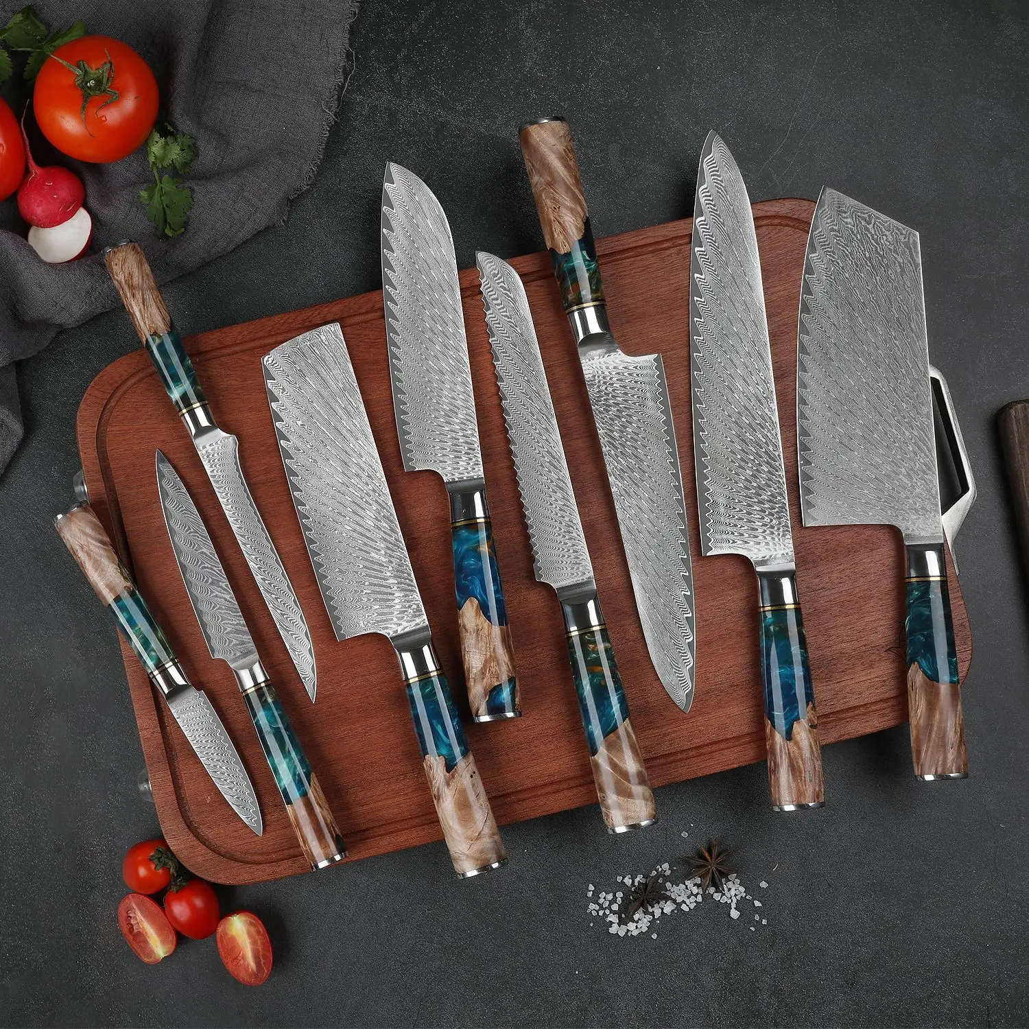 

Набор кухонных ножей VG10 из дамасской стали, шеф-повар, мясницкий нож для чистки хлеба, резец с синей смолой и цветной деревянной ручкой, 1-7 шт. в комплекте