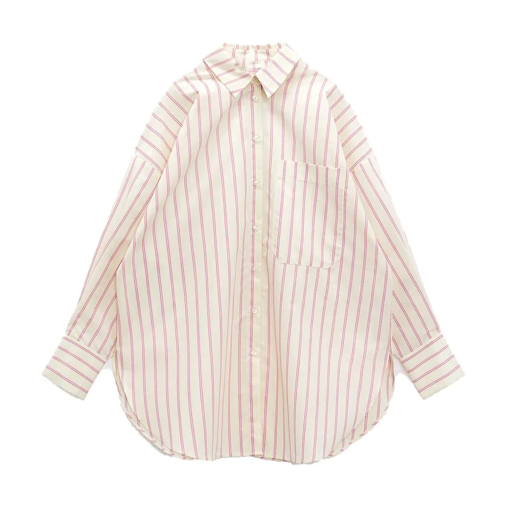 

2022 fall new fashionable and versatile wind striped poplin shirt female casual loose long-sleeved tops