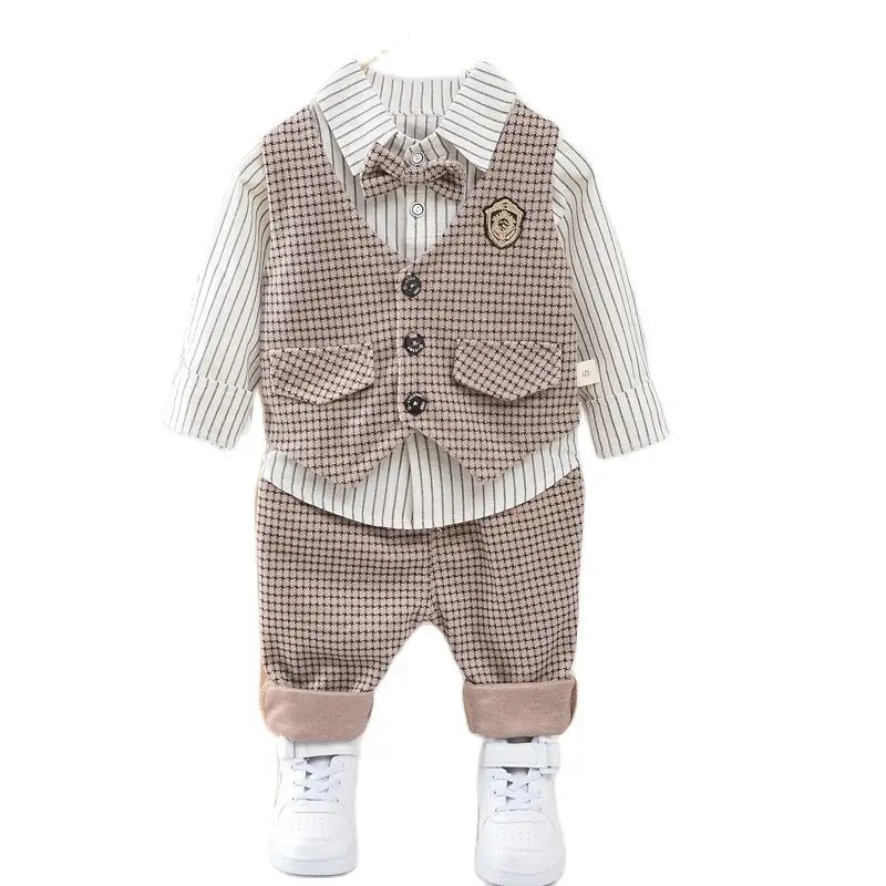 kids boy Gentleman Suit spring autumn Striped Shirt with +Bow Tie+ Plaid Vest+Trousers 3Pcs Formal baby Clothes Set Outfit
kids boy Gentleman Suit spring autumn Striped Shirt with +Bow Tie+ Plaid Vest+Trousers 3Pcs Formal baby Clothes Set Outfit