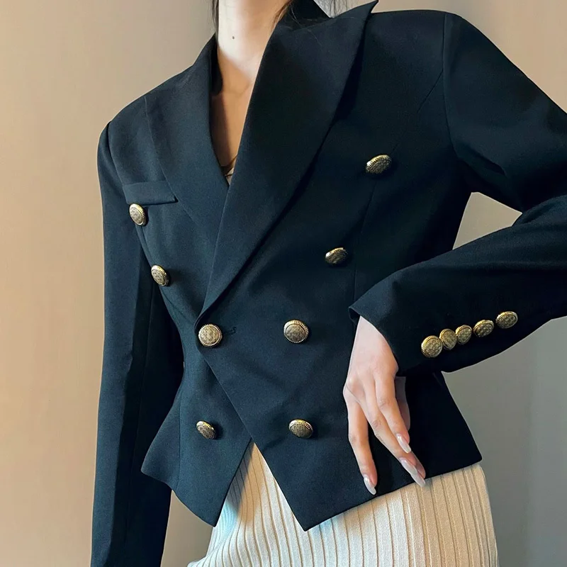 

Женский короткий Блейзер с длинным рукавом, элегантный облегающий двубортный пиджак с отложным воротником, модельные офисные топы, новинка 23