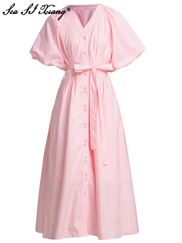Seasixiang Fashion Designer Summer Dress Women V-Neck Puff Sleeve Sashes Single Breasted Vacation Long Dresses
Seasixiang Fashion Designer Summer Dress Women V-Neck Puff Sleeve Sashes Single Breasted Vacation Long Dresses