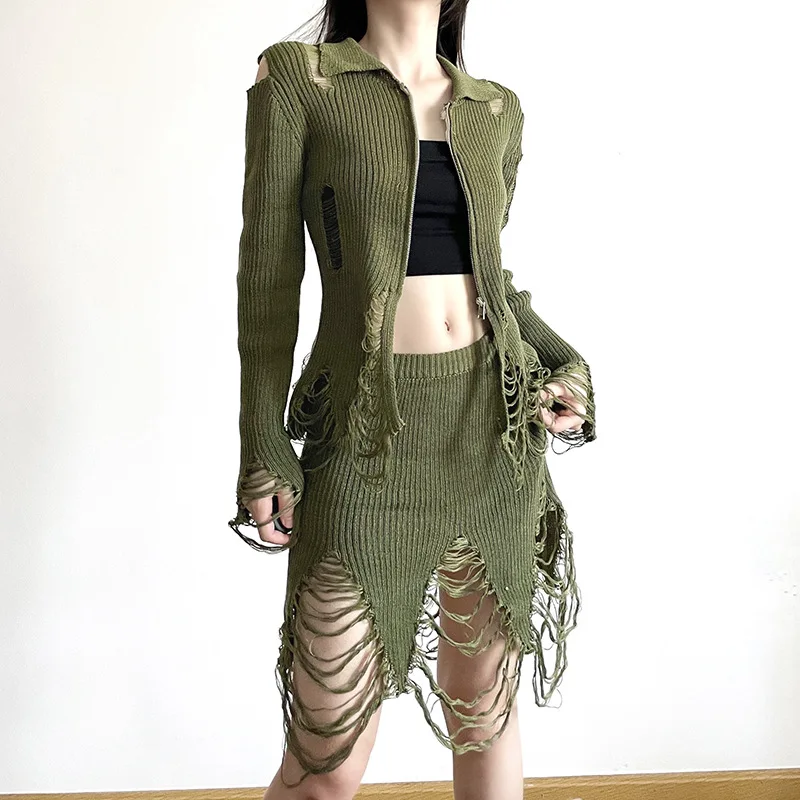 

Goth Dark Frayed Hollow Out Knitted Grunge Y2k Cardigans Gothic 90s Streetwear Sexy Mini Skirts Women Fall Blouses 2 Piece Sets