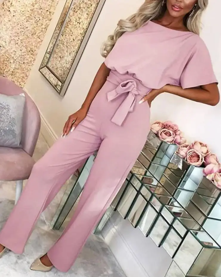 

Elegant Jumpsuits For Women 2022 Fashion Chic Pink Batwing Sleeve Short Sleeve Keyhole Back Belted Work Jumpsuit With Belt