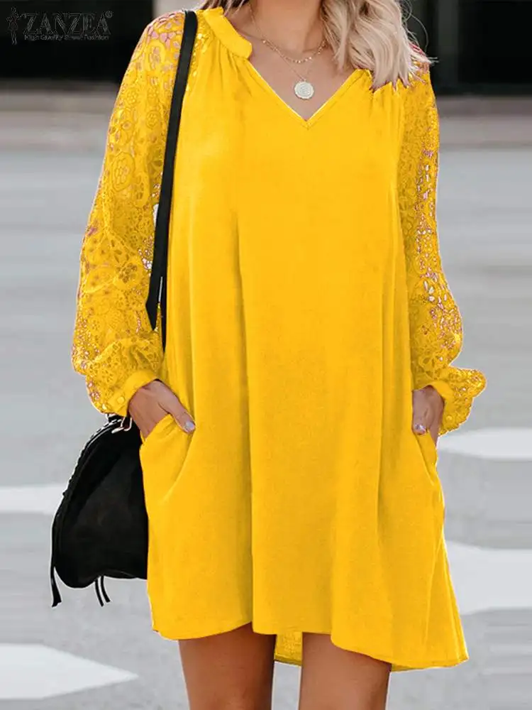 ZANZEA Women Crochet Lace Stitching Sundress Fashion Long Sleeve Mini Dress Vintage Hollow Out V Neck Robe Casual Loose Dresses 
ZANZEA Women Crochet Lace Stitching Sundress Fashion Long Sleeve Mini Dress Vintage Hollow Out V Neck Robe Casual Loose Dresses