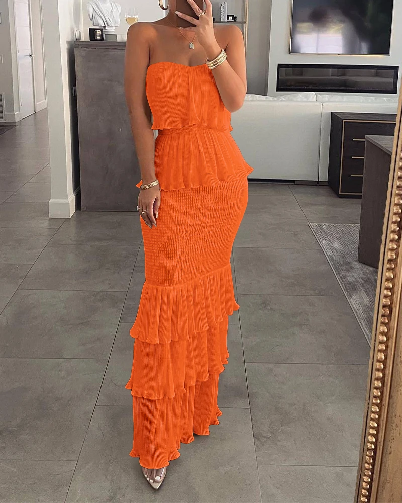 

2022 Autumn Bandeau Shirred Ruffle Hem Layered Dress Off Shoulder Sleeveless Midi Bodycon Long Dress Sexy Solid Color Robes New