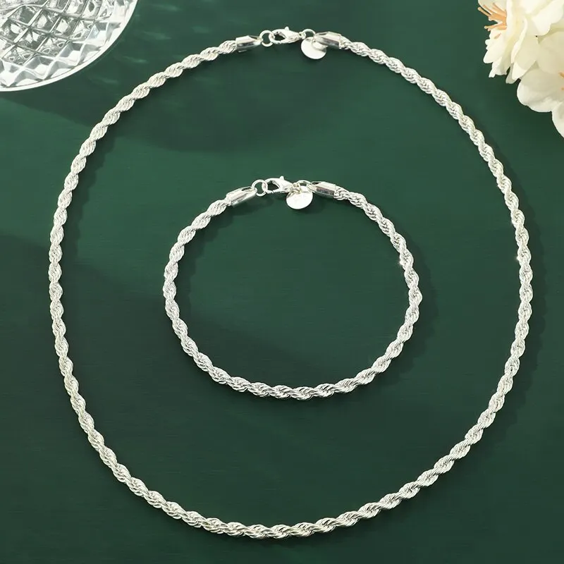 2pcs Silver Plated Necklace Bracelet For Men And Women Simple Hip Hop Style 4mm Twisted Twist Rope Iron Chain With Copper Lobste
2pcs Silver Plated Necklace Bracelet For Men And Women Simple Hip Hop Style 4mm Twisted Twist Rope Iron Chain With Copper Lobste