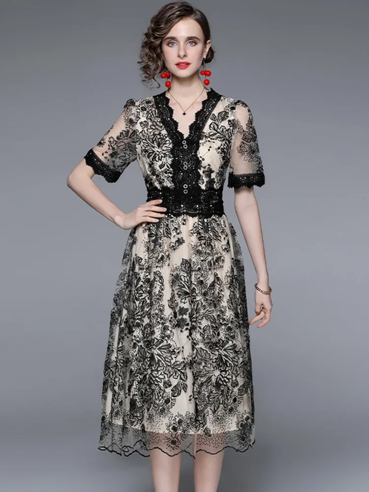 Designer Elegant V-Neck Women Sequin Midi Dress Summer Fashion Luxury Lace Mesh Embroidery High Waist Long Dresses
Designer Elegant V-Neck Women Sequin Midi Dress Summer Fashion Luxury Lace Mesh Embroidery High Waist Long Dresses