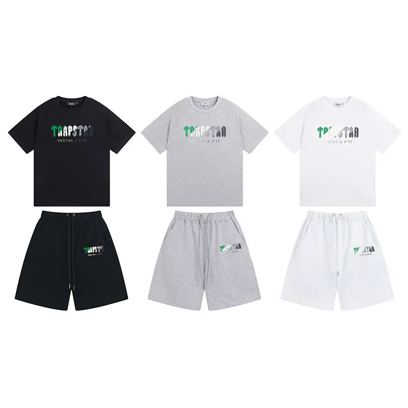 

Summer 2023 new American fashion brand Trapstar towel embroidered rainbow letter suit men's and women's short-sleeved shorts