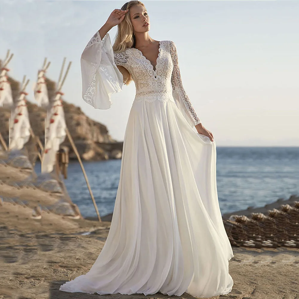 Bohemian Long Sleeves Chiffon Wedding Dresses Boho Lace Applique Backless V Neck A Line Bridal Gown vestidos de novia
Bohemian Long Sleeves Chiffon Wedding Dresses Boho Lace Applique Backless V Neck A Line Bridal Gown vestidos de novia