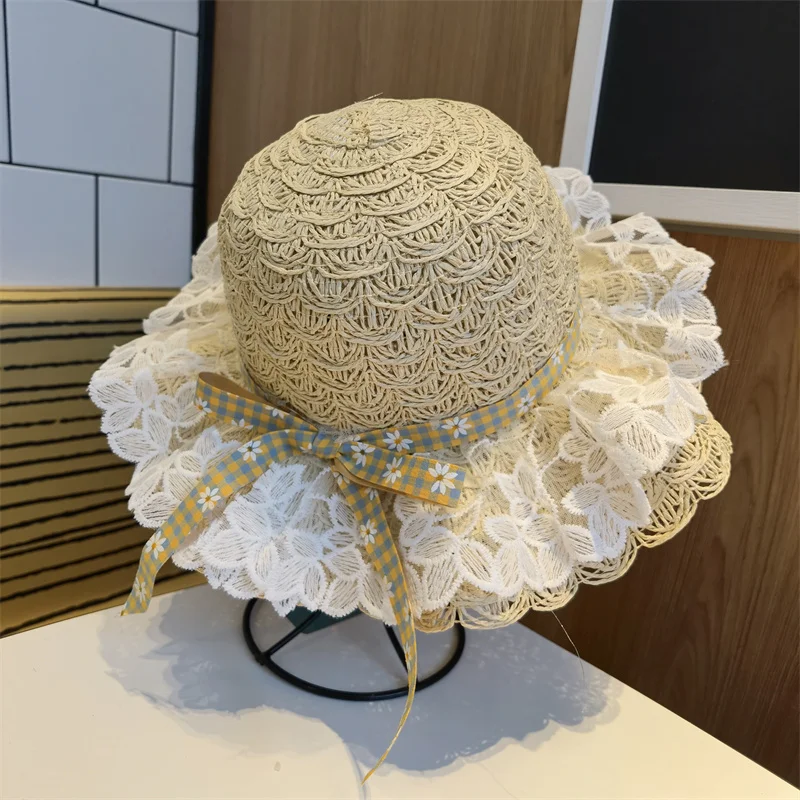 

Kids Hat Girl Straw Summer Hat Sun Protection Small 52cm 54cm Lace Cute Luxury Band Beach Hat Dome Girl Hat Sombreros De Mujer