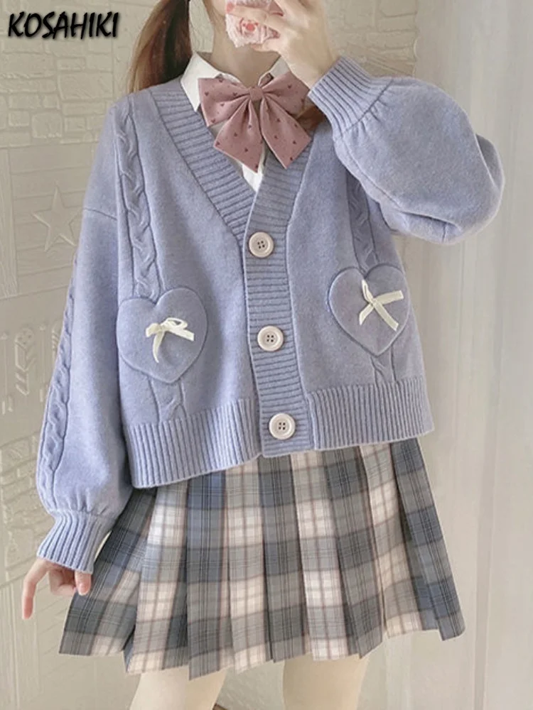 Japanese Kawaii Knitted Cardigan Women Heart Bow Pockets Cute Sweater Coat JK Girl Sweet Loose V-neck Kardigan Damski 
Japanese Kawaii Knitted Cardigan Women Heart Bow Pockets Cute Sweater Coat JK Girl Sweet Loose V-neck Kardigan Damski