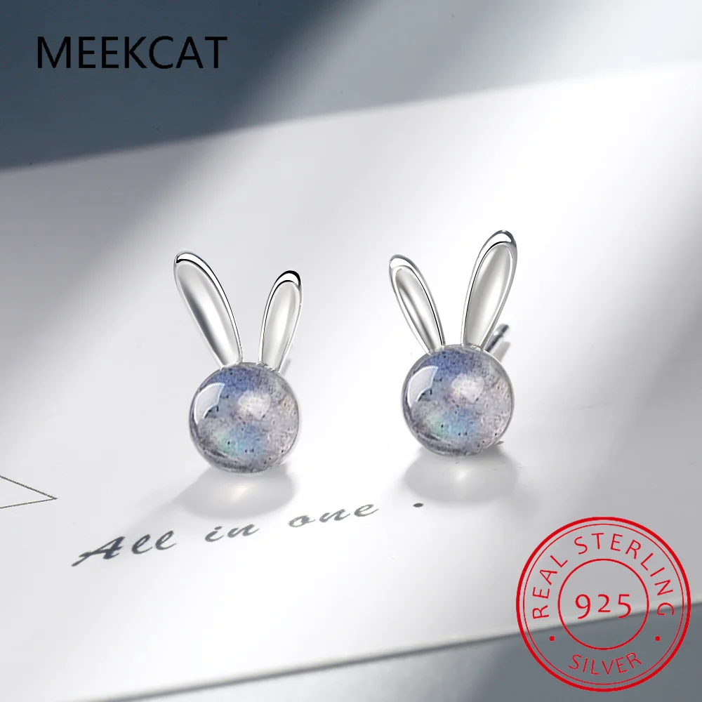 

925 Sterling Silver Cute Rabbit Stud Earrings Moonstone Earrings Pave Setting CZ for Women Birthday Gift Fine Jewelry BSE772