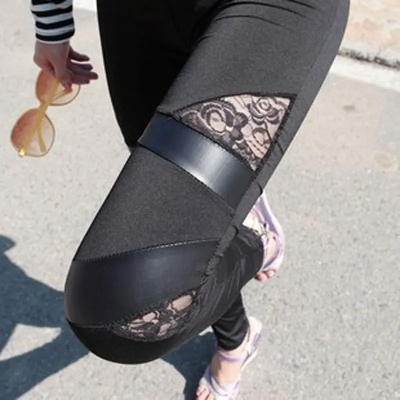 

Spring Autumn Leather Workout Leggings Charming Warm Cheap Lace Legins Sexy PU Leggins Skinny Stretch Splicing Pants