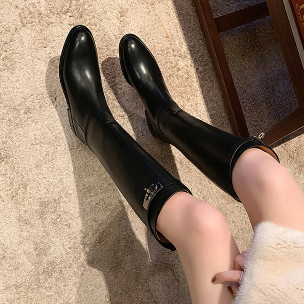 

2023 Winter New Metal Buckled Flat Knee High Boots Suede Leather Round Toe Women Luxury Office Dress Knight Boots