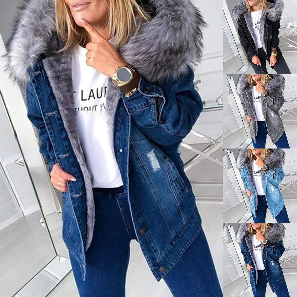 Women Winter Warm Fluffy Collar Hooded Denim Jacket Thick Plush Lined Warm Long Sleeve Jean Coat Button Down Oversized Loose Out
Women Winter Warm Fluffy Collar Hooded Denim Jacket Thick Plush Lined Warm Long Sleeve Jean Coat Button Down Oversized Loose Out