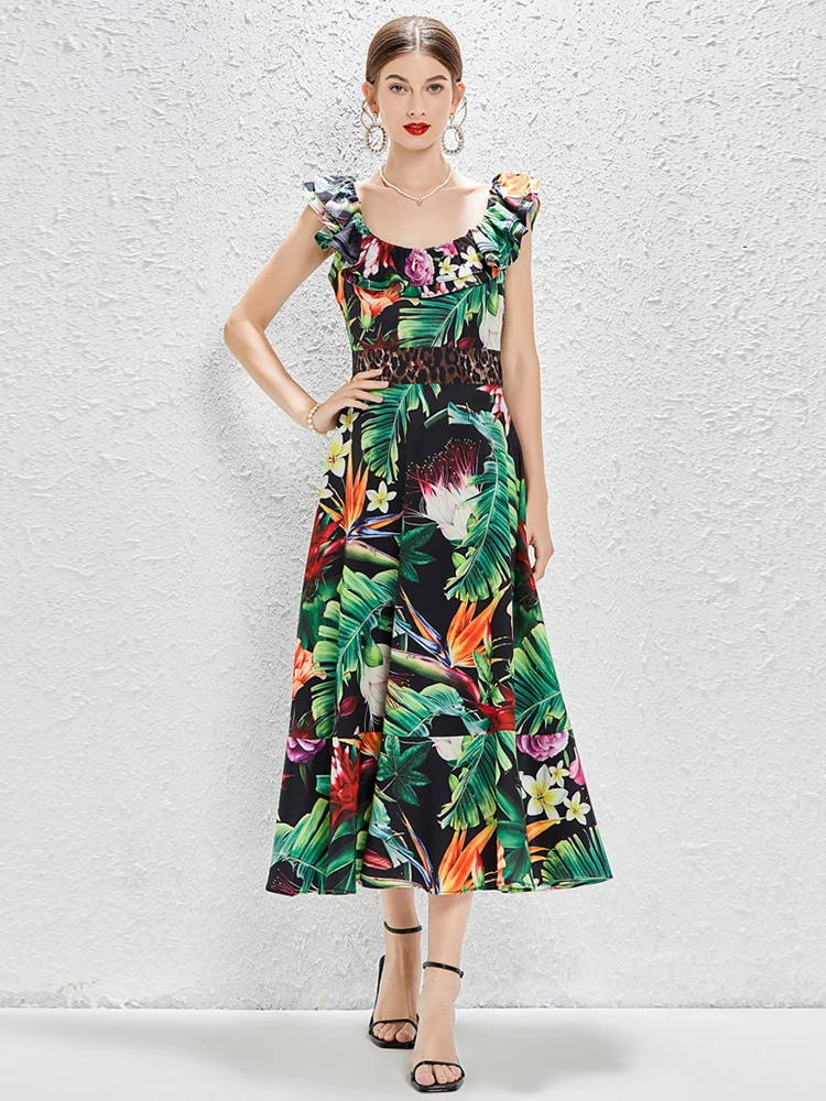 Banulin Summer Designer Fashion Runway Mermaid Dress Women's Ruffles O-Neck Green Tropical Printing Elegant Slim Vestidos
Banulin Summer Designer Fashion Runway Mermaid Dress Women's Ruffles O-Neck Green Tropical Printing Elegant Slim Vestidos