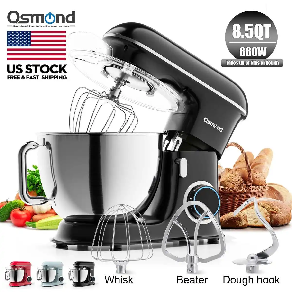 

OSMOND 8L 8.5QT Food Stand Mixer Stainless Steel Bowl 6-speed Kitchen Bread Maker Cream Egg Whisk Whip Dough Kneading Blender