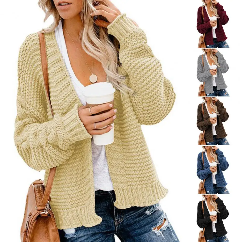 

Twist Long Sleeve Open Stitch Ribbing Trim Sweater Cardigan Autumn Winter Women Solid Color Coarse Yarn Knitted Coat Outerwear