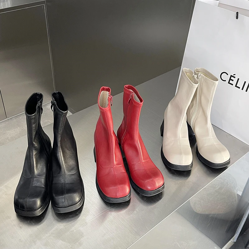 Round Toe Fashion Ankle Boots Stretch Shoes Thick High Heels Side Zipper Black Red Beige Short Booties Autumn Winter Boots 35-39
Round Toe Fashion Ankle Boots Stretch Shoes Thick High Heels Side Zipper Black Red Beige Short Booties Autumn Winter Boots 35-39