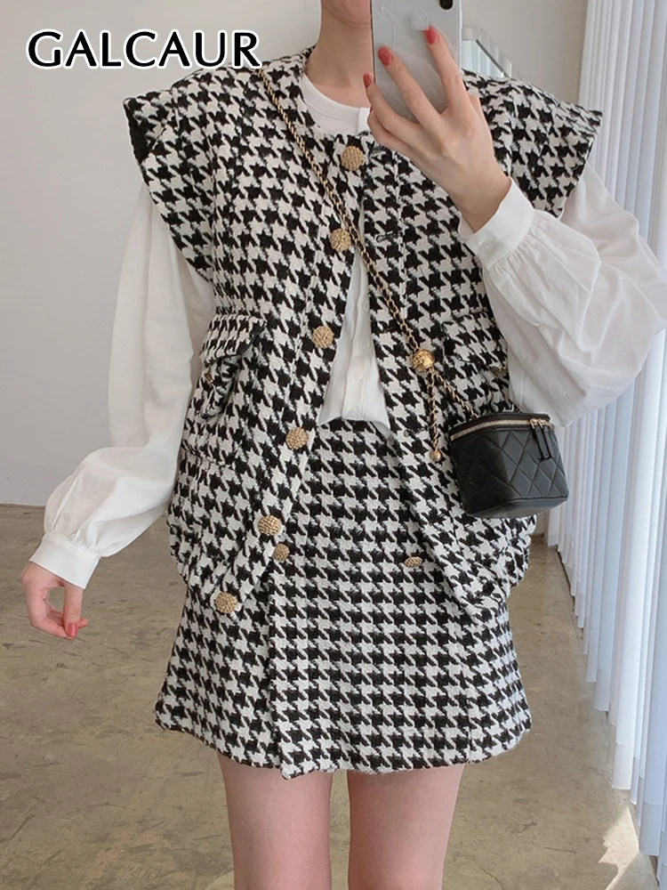 GALCAUR Houndstooth Two Piece Sets For Women Round Neck Sleeveless Loose Vest High Waist A Line Mini Skirt Hit Color Set Female
GALCAUR Houndstooth Two Piece Sets For Women Round Neck Sleeveless Loose Vest High Waist A Line Mini Skirt Hit Color Set Female