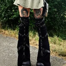 SUCHCUTE Gothic Eyelet Strap Women Trouser Legs Vintage Dark Academic Slim Bandage Leg Socks Black Knitted Boot Cuffs Leg Punk
