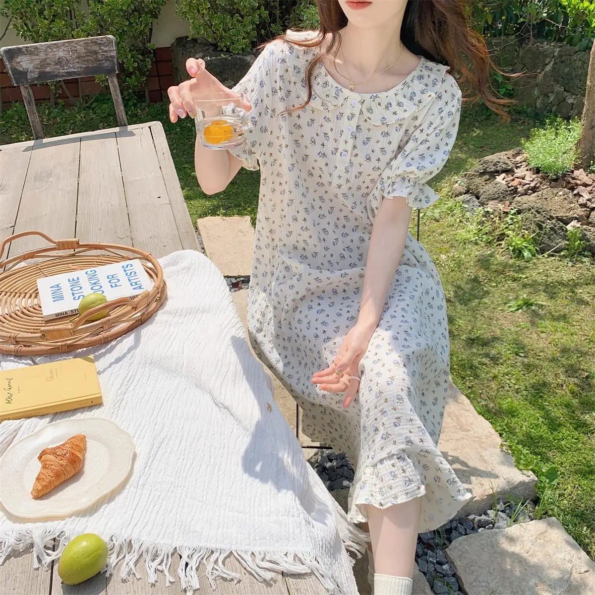 Blue Floral Summer Nightgown Women Short Sleeve Kawaii Sweet Long Sleepwear Cotton Ins Casual Soft Night Dress Korean
Blue Floral Summer Nightgown Women Short Sleeve Kawaii Sweet Long Sleepwear Cotton Ins Casual Soft Night Dress Korean