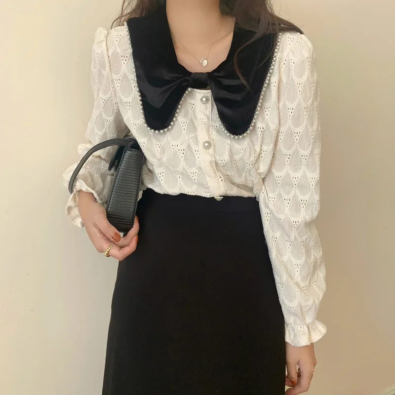 GASPARINE Sweet Lapel Bow Blouses Pearl Decoration Single Breasted Lace Shirt 2022 New Tops Korean Style Blusas Mujer De Moda
GASPARINE Sweet Lapel Bow Blouses Pearl Decoration Single Breasted Lace Shirt 2022 New Tops Korean Style Blusas Mujer De Moda
