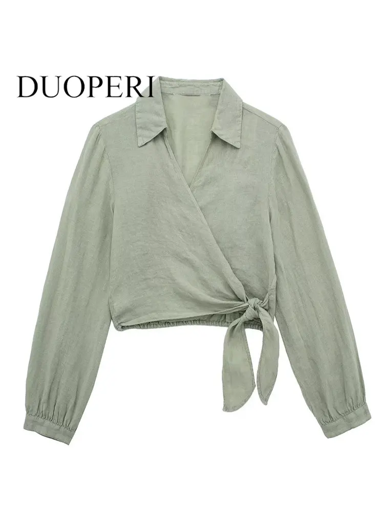 DUOPERI Women Fashion Green Lace Up Loose Cropped Shirts Vintage Lapel Neck Long Sleeves Female Chic Lady Tops
DUOPERI Women Fashion Green Lace Up Loose Cropped Shirts Vintage Lapel Neck Long Sleeves Female Chic Lady Tops
