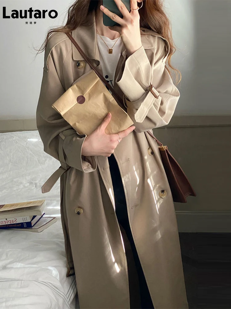 

Lautaro Spring Autumn Long Khaki Black Trench Coat for Women Raglan Sleeve Belt Double Breasted Loose Casual Korean Fashion 2022