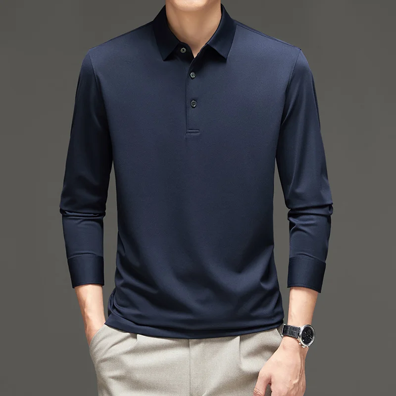 

Мужская футболка с длинным рукавом, новинка весны, тонкая Высококачественная рубашка-поло из шелка тутового шелкопряда, деловая повседневная мужская рубашка-поло