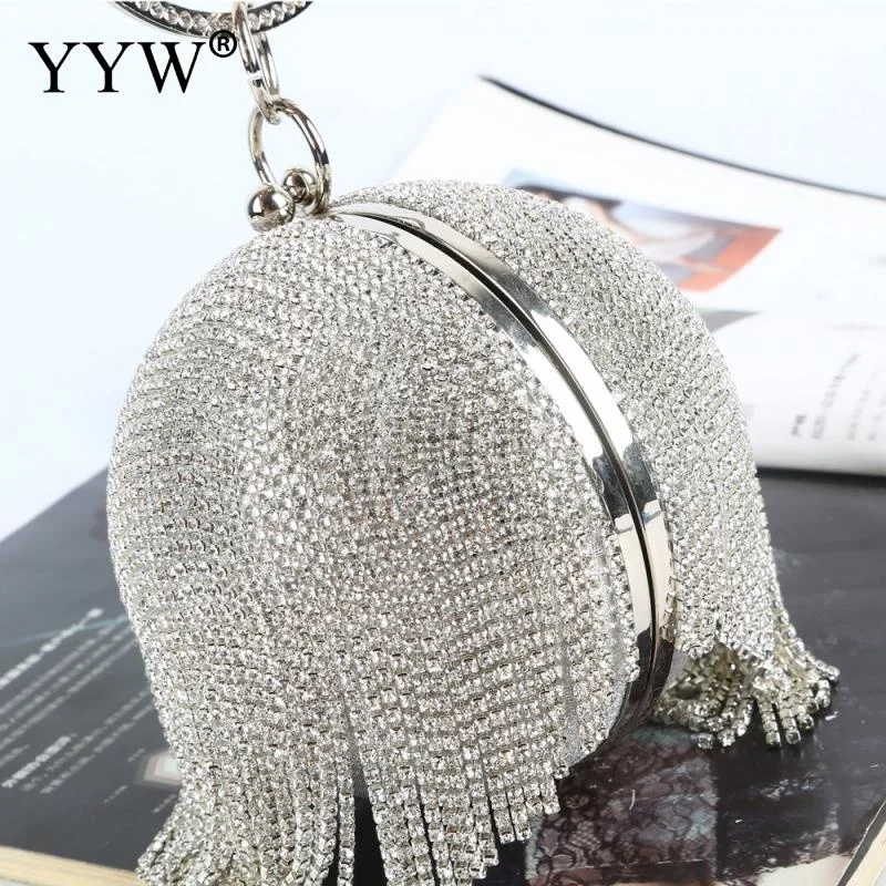 

Sliver Diamonds Rhinestone Round Ball Evening Bags For Women 2023 Fashion Mini Tassels Clutch Bag Ladies Ring Handbag Clutches
