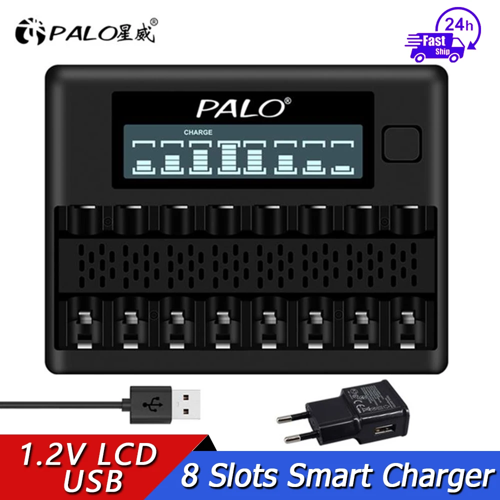 

PALO 8 Slots LCD Display Smart Battery Charger For 1.2V AA AAA NI-MH NI-CD Rechargerable Battery 2A 3A Fast Charging USB Charger