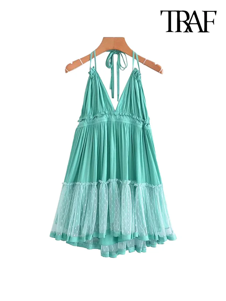 TRAF Women Summer Beach Fashion Patchwork Mesh Pleated Mini Dress Vintage Backless Tied Straps Female Dresses Vestidos
TRAF Women Summer Beach Fashion Patchwork Mesh Pleated Mini Dress Vintage Backless Tied Straps Female Dresses Vestidos