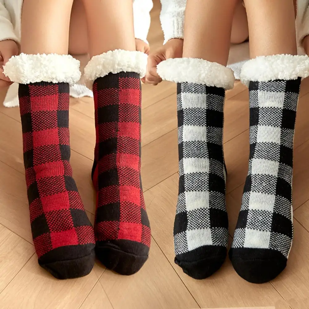 

Носки для пола с флисовой подкладкой с принтом в клетку, пушистые носки, женские флисовые теплые забавные носки, носки для домашнего пола, рождественские носки