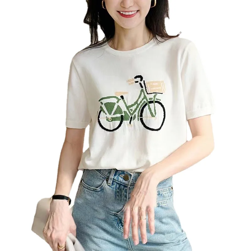 2023 Summer Knitted Ice Silk T Shirt Women Pullover Creative Bicycle Pattern Short-sleeved T Shirts Knitwear Top Tee Black White
2023 Summer Knitted Ice Silk T Shirt Women Pullover Creative Bicycle Pattern Short-sleeved T Shirts Knitwear Top Tee Black White