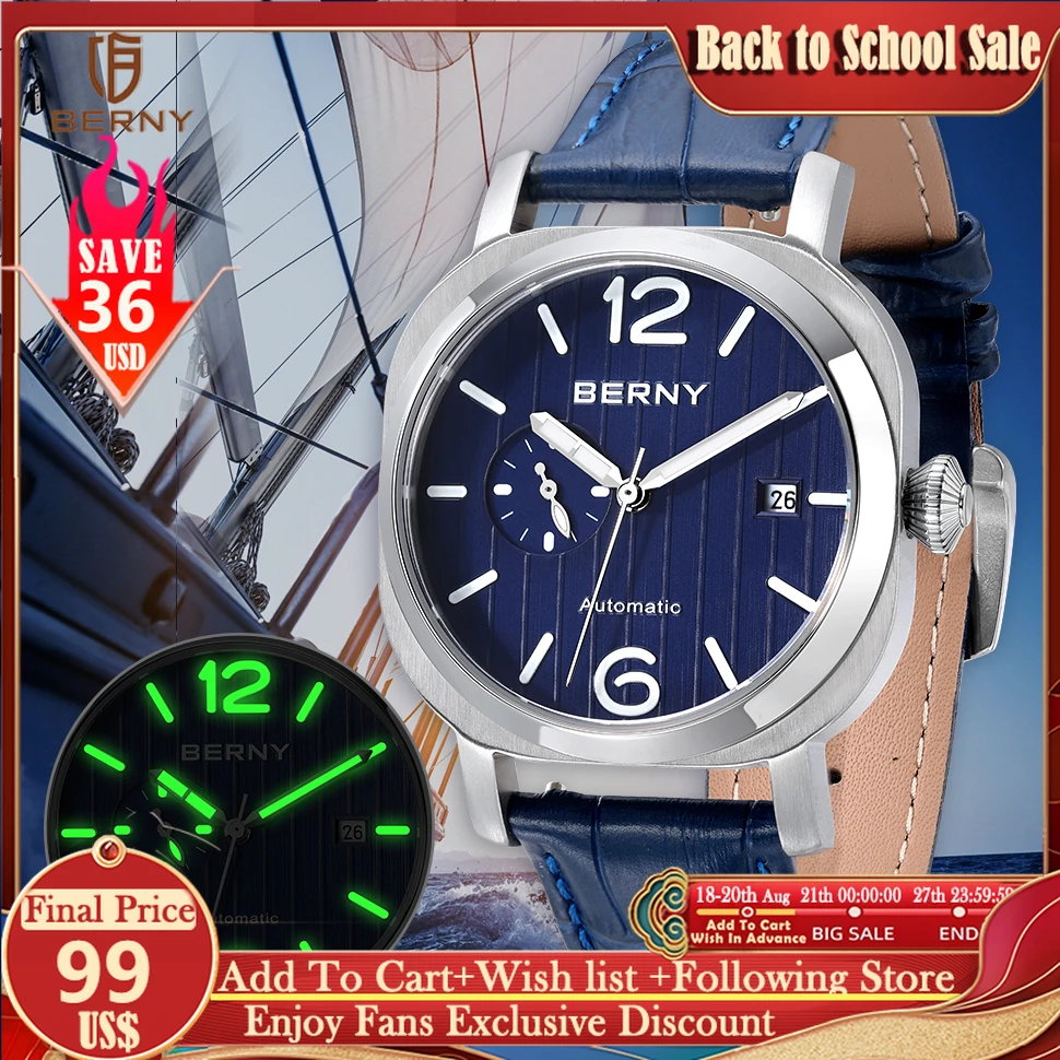 

BERNY MIYOTA 8217 Automatic Watch for Men Mechanical Wristwatch Luminous 5ATM Waterproof 24 Hour Sapphire Sausage Dial Watch Men