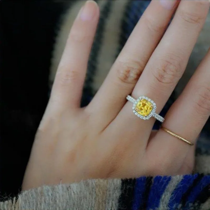 

Серебряные инкрустированные желтыми кристаллами Роскошные обручальные кольца для женщин квадратный дизайн очаровательные модные банкетные украшения