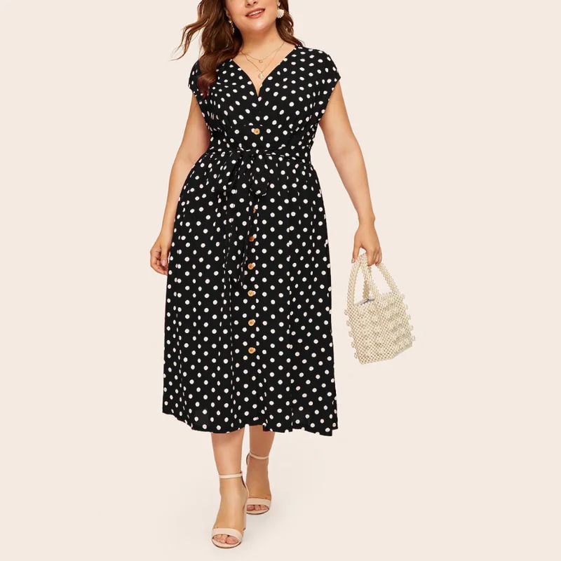 Summer Women Dress Classic Black White Elegant Polka Dot Tunic Long Dresses Fashion V-Neck Bandage Button Maxi Dresses Oversize 
Summer Women Dress Classic Black White Elegant Polka Dot Tunic Long Dresses Fashion V-Neck Bandage Button Maxi Dresses Oversize