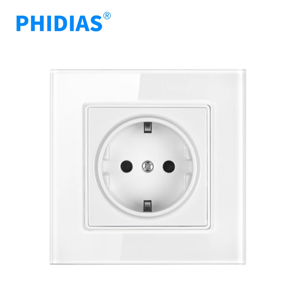 PHIDIAS EU plug wall power socket 16A 220V 86mm * 86mm white crystal glass panel with safety door electric outlet
PHIDIAS EU plug wall power socket 16A 220V 86mm * 86mm white crystal glass panel with safety door electric outlet