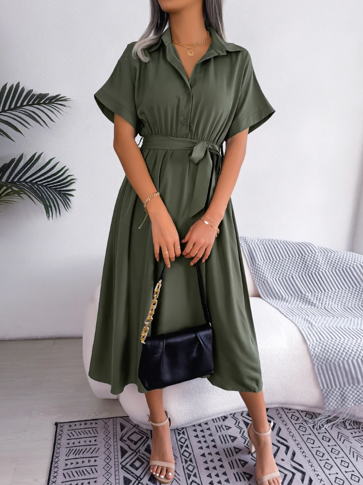 Office Lady Shirt Dress Women Summer Short Sleeve Lapel Dresses Elegant Solid Color Work Midi Dress With Belt Female Vestidos
Office Lady Shirt Dress Women Summer Short Sleeve Lapel Dresses Elegant Solid Color Work Midi Dress With Belt Female Vestidos