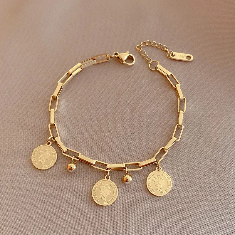 

316L Stainless Steel Layered Golden Pendant Bracelet For Women Retro Punk Gothic Portrait Coin Cross Pearl Bracelet Jewelry