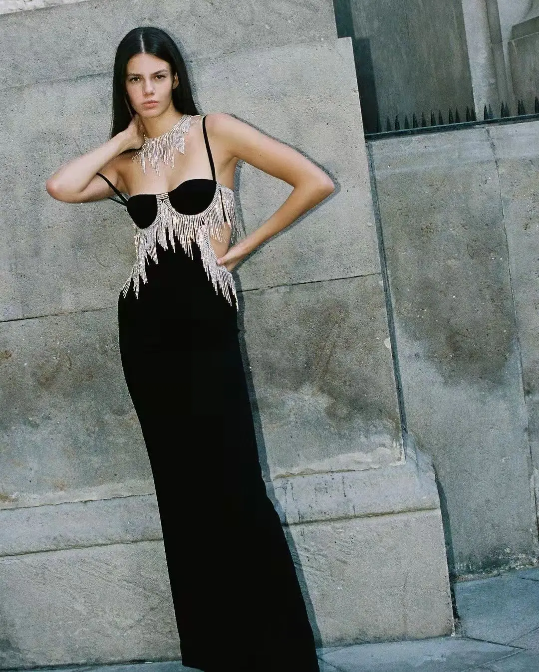 Women's Luxurious Black Strap Dress,Sexy Cut X Off Back,Rhinestone Tassel,High Split, Long, Sleeveless, V-Neck, Slim, Club Party
Women's Luxurious Black Strap Dress,Sexy Cut X Off Back,Rhinestone Tassel,High Split, Long, Sleeveless, V-Neck, Slim, Club Party