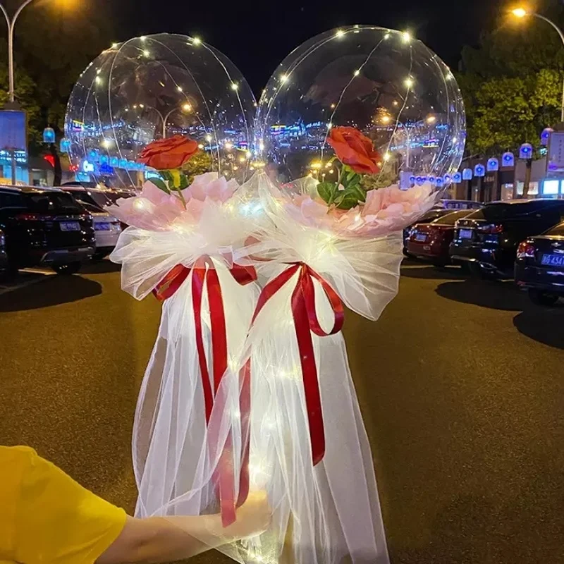 

LED Luminous Balloon Rose Bouquet Transparent Bobo Ball Rose Valentines Day Gift Birthday Party Wedding Decoration Balloons