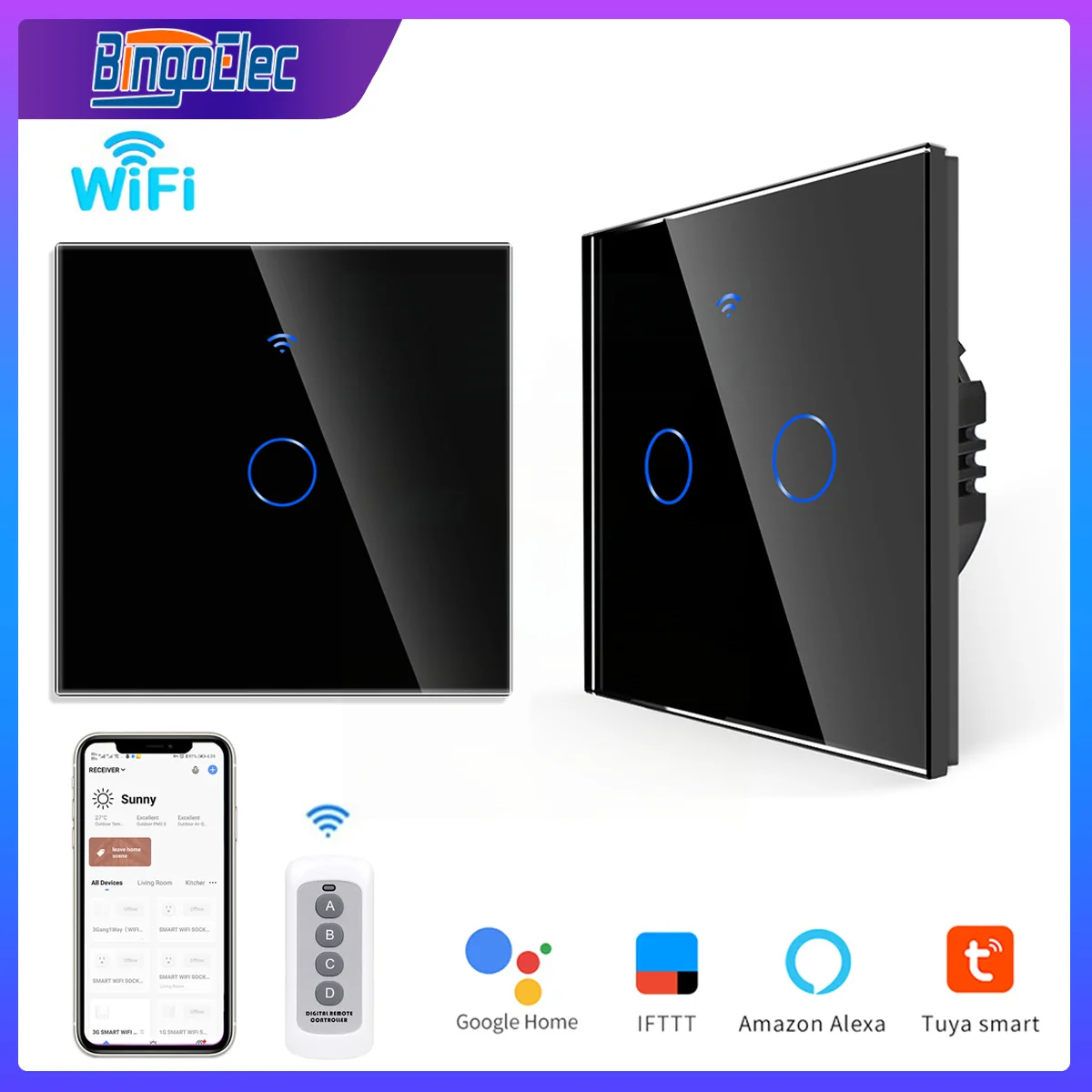Bingoelec Tuya WiFi EU Wall Touch Switch Smart Light Switches RF433 Remote control LED Backlight Support Alexa Google Home
Bingoelec Tuya WiFi EU Wall Touch Switch Smart Light Switches RF433 Remote control LED Backlight Support Alexa Google Home